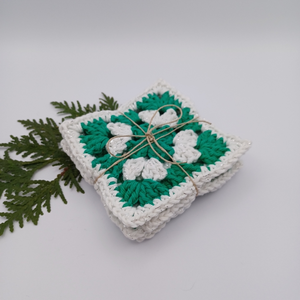 Handcrafted Cotton Coasters - Set of 4 - Christmas Green, White, and Silver